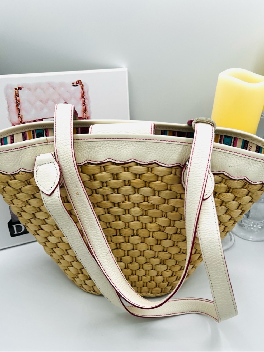 Brighton Straw Tote Floral Embroidery and White Trim - Picture 4 of 13